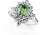 Silver Fancy Green Emerald Cut Halo Diamond Cluster Ring with Marquise and Round Stones on a White Gold Band with Prong Setting_1