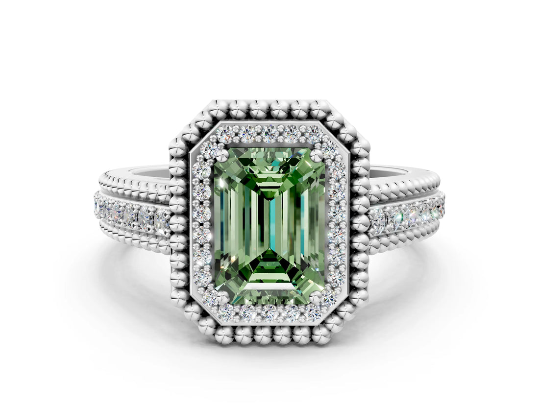 Silver Fancy Green Emerald Cut Halo Diamond Ring with Beaded Split Shank and Four-Prong Setting_6