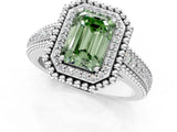Silver Fancy Green Emerald Cut Halo Diamond Ring with Beaded Split Shank and Four-Prong Setting_7