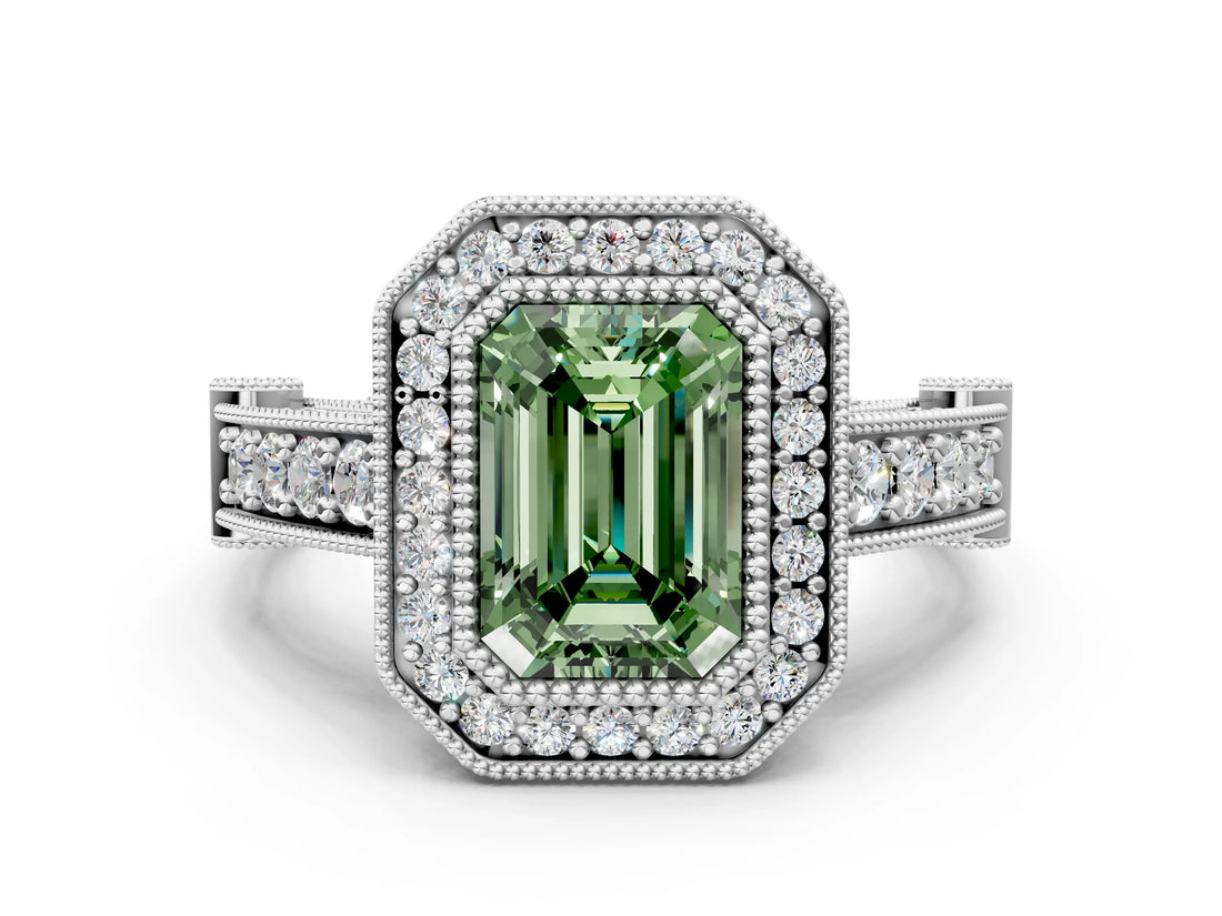 Silver Fancy Green Emerald Cut Halo Diamond Split Shank Pave Ring_6