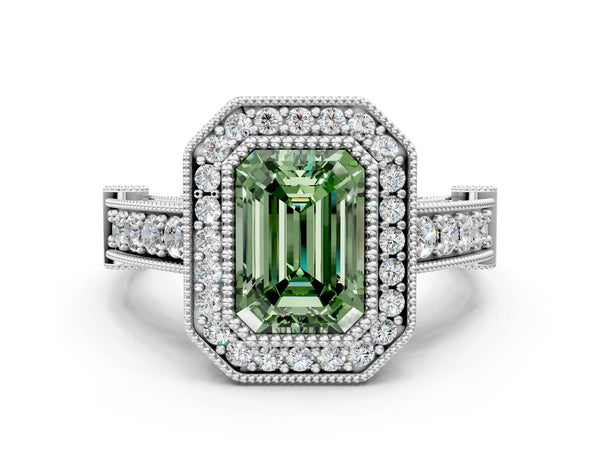 Sterling Silver Emerald Cut Vintage Bezel Halo Engagement Ring Setting for Fancy Green Center