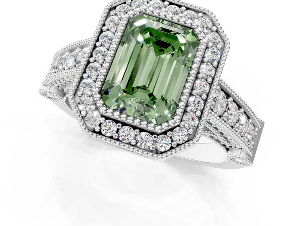 Sterling Silver Emerald Cut Vintage Bezel Halo Engagement Ring Setting for Fancy Green Center