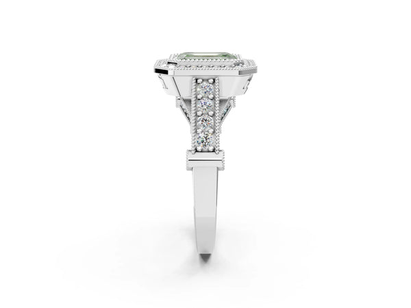 Sterling Silver Emerald Cut Vintage Bezel Halo Engagement Ring Setting for Fancy Green Center