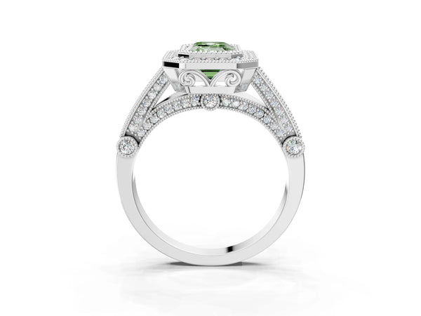 Sterling Silver Emerald Cut Vintage Bezel Halo Engagement Ring Setting for Fancy Green Center