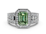 Silver Fancy Green Emerald Cut Halo Diamond Split Shank Ring with Prong Setting_30