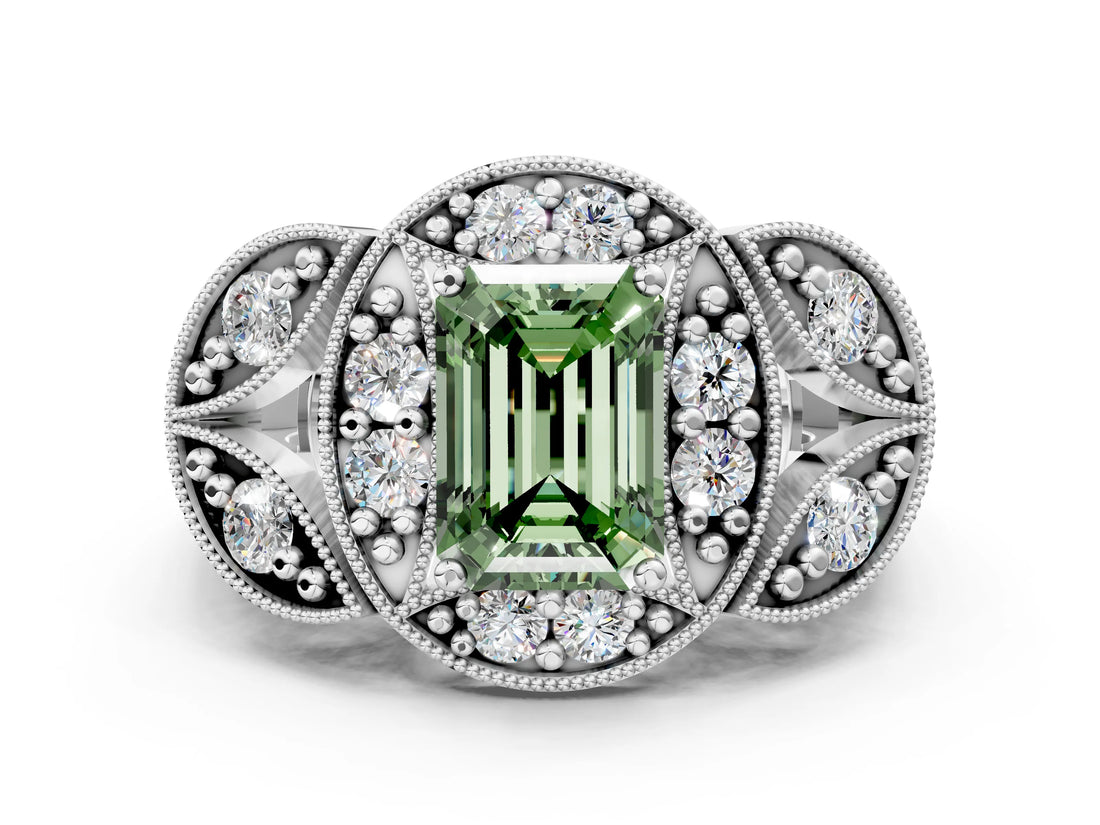 Silver Fancy Green Emerald Cut Halo Milgrain Diamond Engagement Ring with Leaf Band and Four-Prong Setting_6