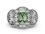 Silver Fancy Green Emerald Cut Halo Milgrain Diamond Engagement Ring with Leaf Band and Four-Prong Setting_6