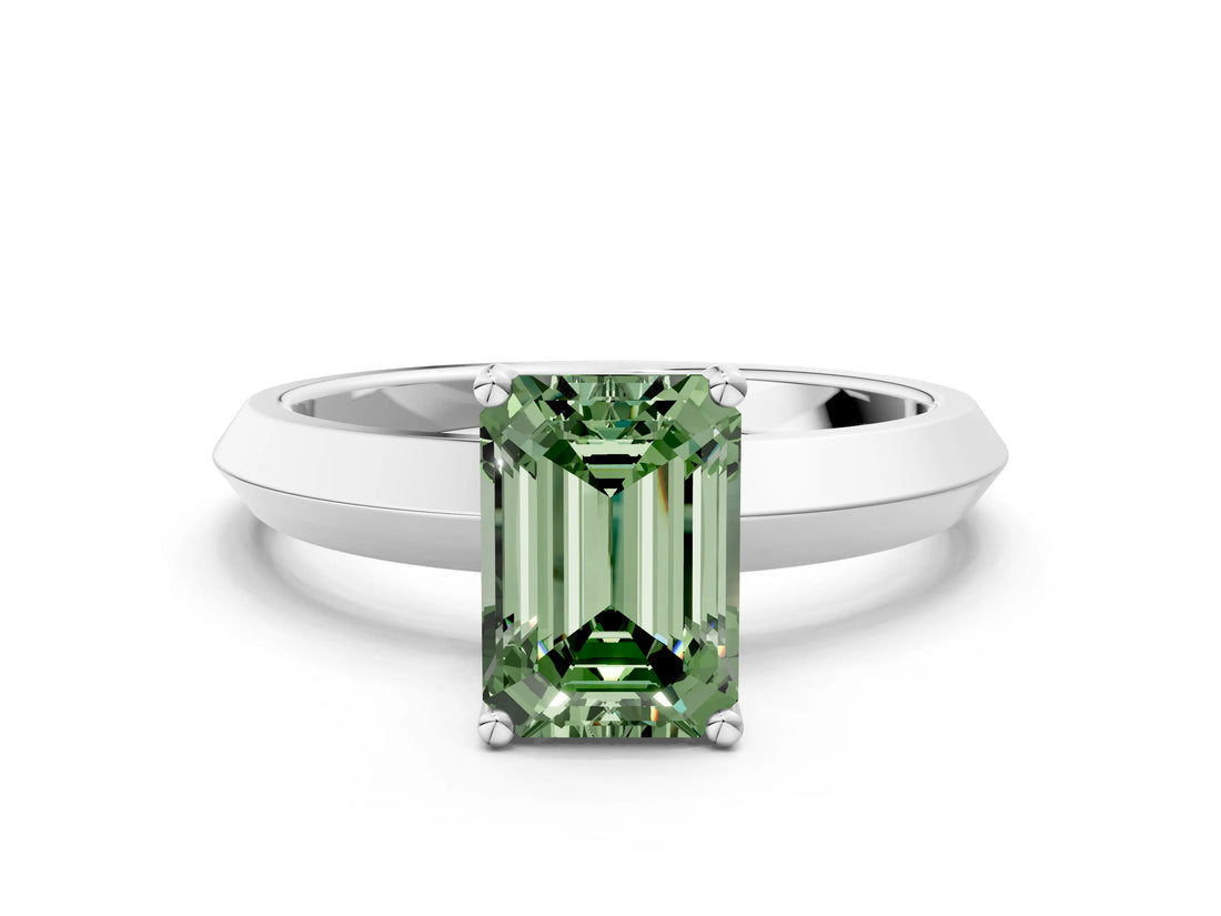 Silver Fancy Green Emerald  Cut Solitaire Engagement Ring with Flat Band and Four-Prong Setting