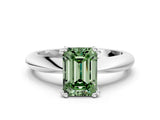 Silver Fancy Green Emerald  Cut Solitaire Engagement Ring with Tapered Band and Four-Prong Setting