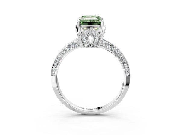 Sterling Silver Emerald Cut Graduated Pave Engagement Ring Setting for Fancy Green Center
