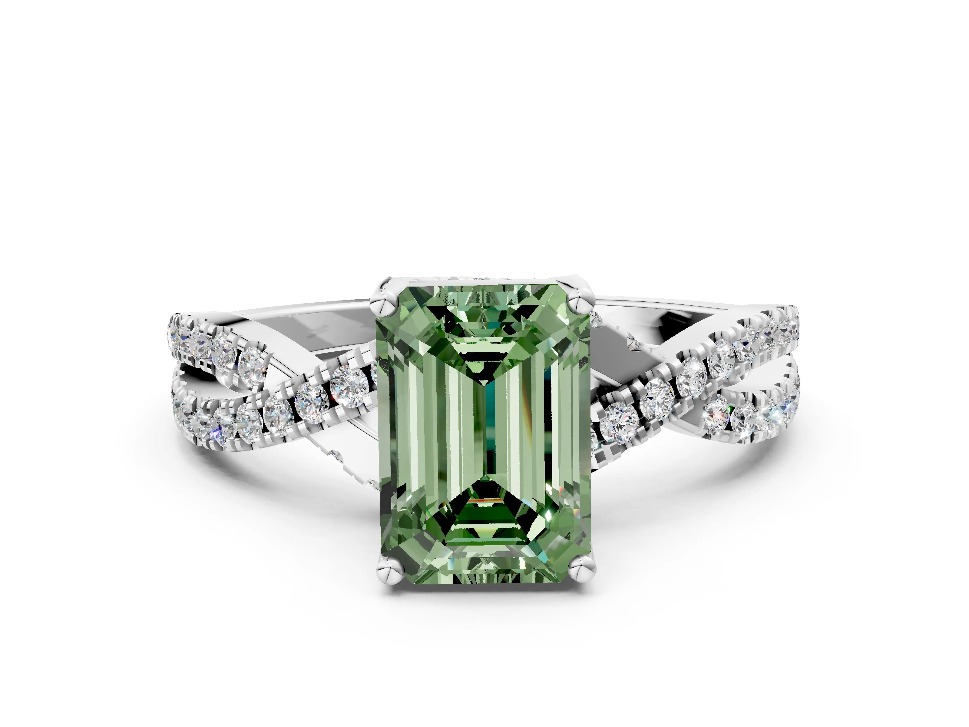 Silver Fancy Green Emerald Cut Solitaire Twist Pave Diamond Engagement Ring with Prong Setting_42