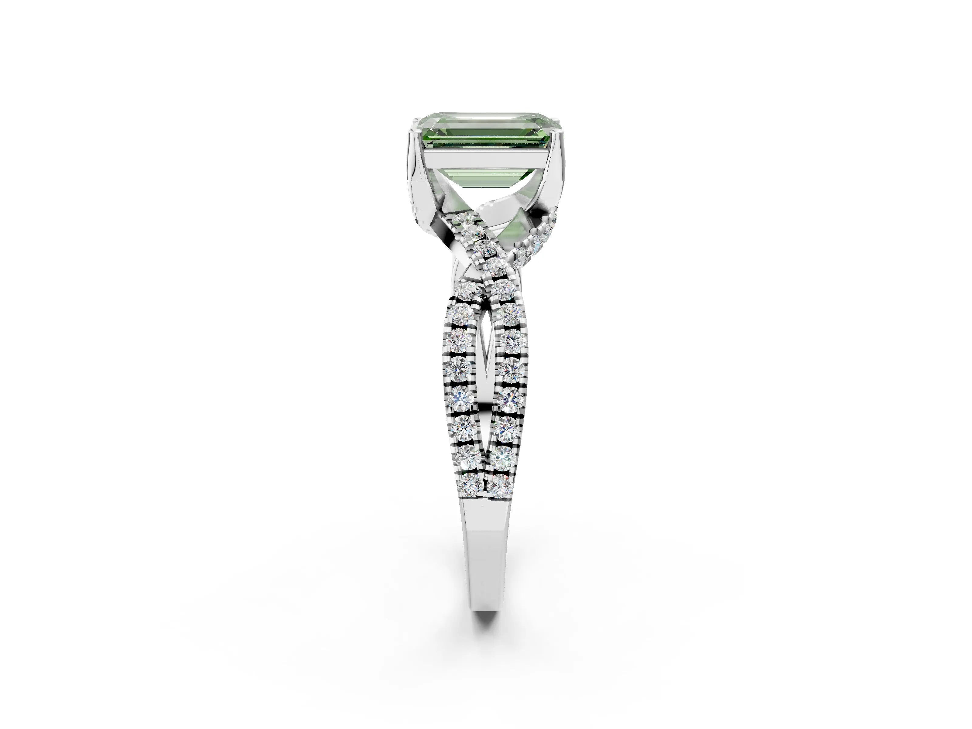 Silver Fancy Green Emerald Cut Solitaire Twist Pave Diamond Engagement Ring with Prong Setting_44