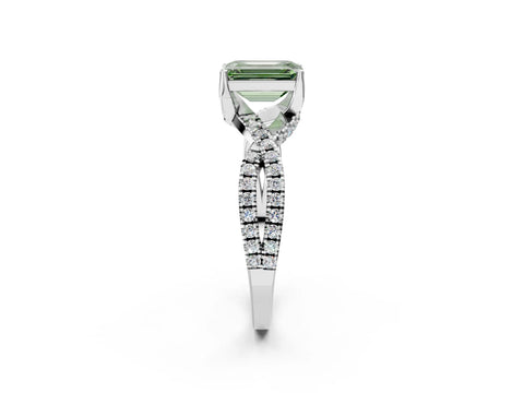 Silver Fancy Green Emerald Cut Solitaire Twist Pave Diamond Engagement Ring with Prong Setting_44