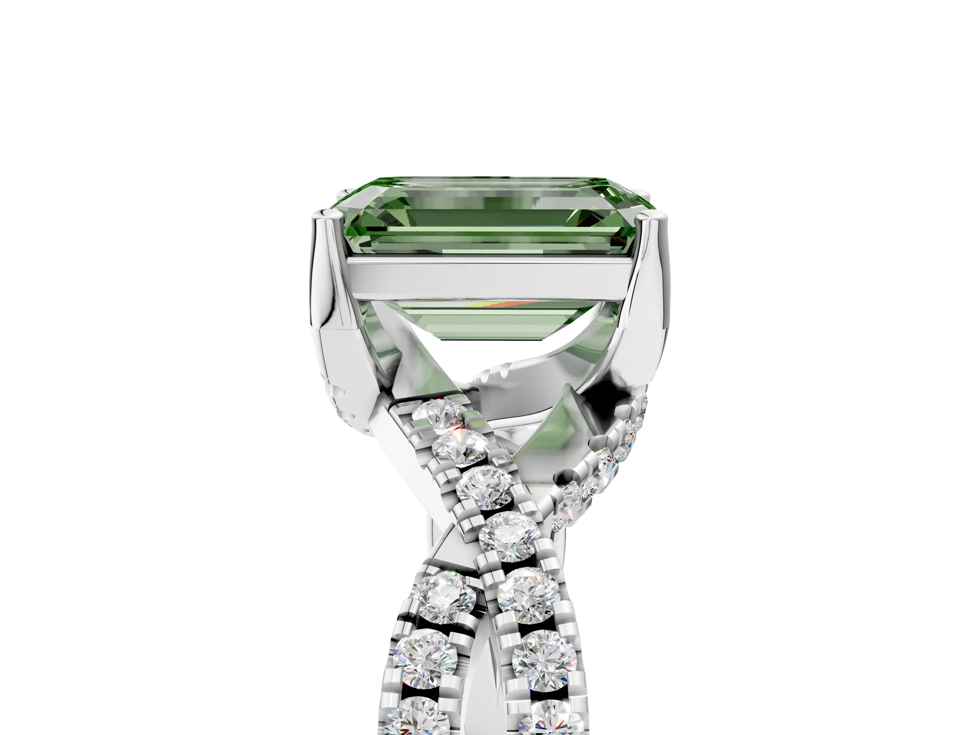 Silver Fancy Green Emerald Cut Solitaire Twist Pave Diamond Engagement Ring with Prong Setting_47