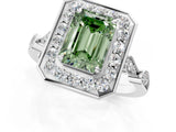 Silver Fancy Green Emerald  Halo Diamond Engagement Ring with Twisted Band and Four-Prong Setting 1