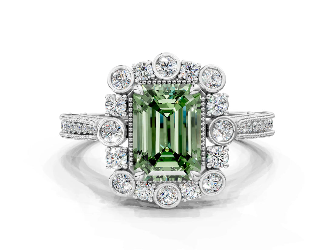 Silver Fancy Green Emerald  Halo Milgrain Pave Diamond Ring with Four-Prong Setting 1