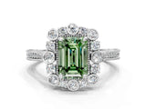 Silver Fancy Green Emerald  Halo Milgrain Pave Diamond Ring with Four-Prong Setting 1