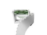 Silver Fancy Green Emerald  Solitaire Diamond Engagement Ring with Pave Band and Four-Prong Setting