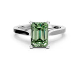 Silver Fancy Green Emerald  Solitaire Diamond Ring with Four-Prong Setting and Tapered Band 1