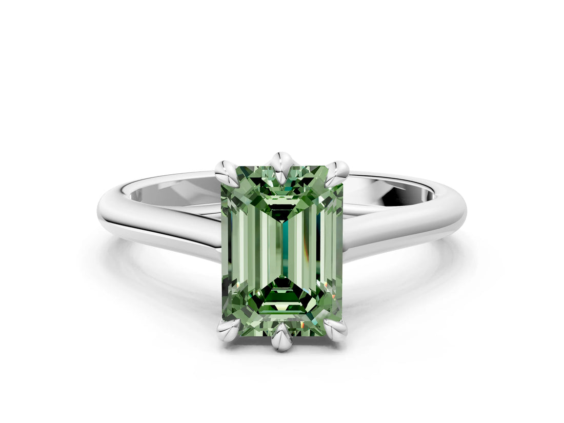 Silver Fancy Green Emerald  Solitaire Engagement Ring with Six-Prong Setting and Classic Band 1