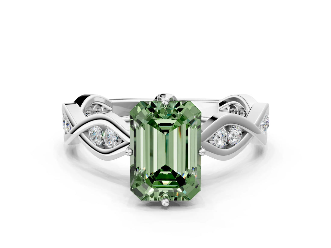 Silver Fancy Green Emerald  Solitaire Twist Band with Leaf Prong Setting