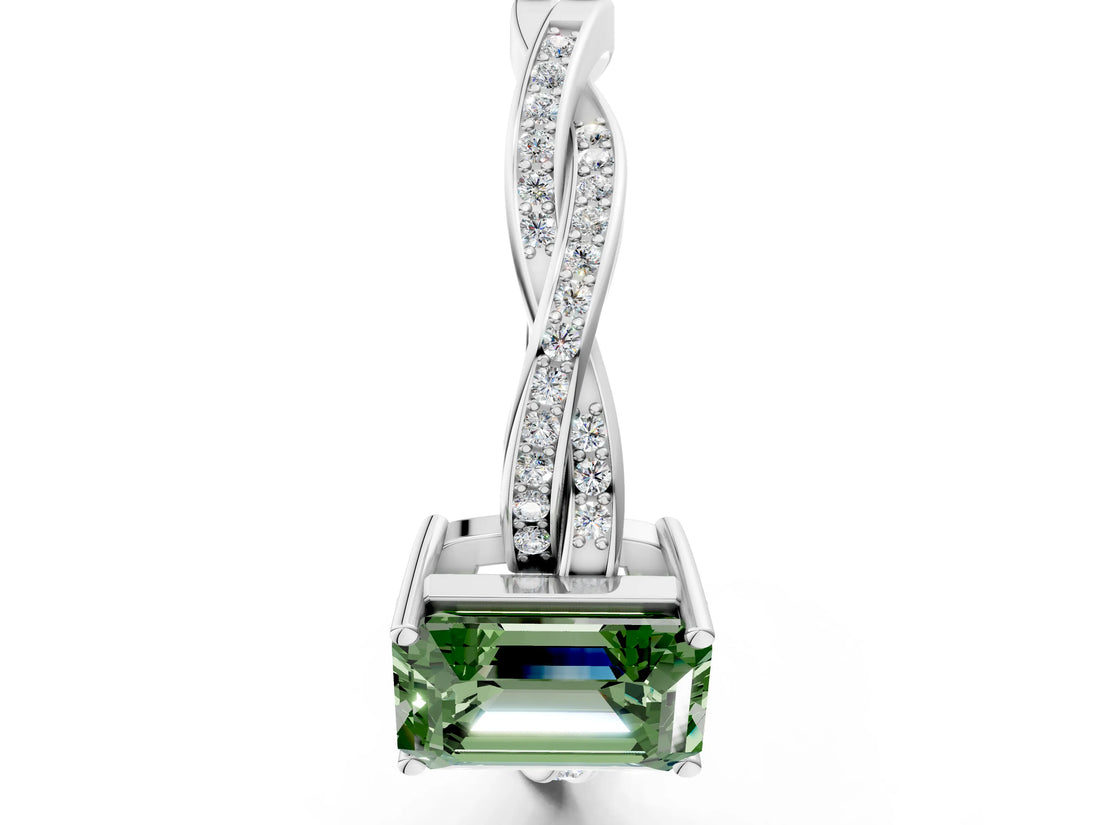 Silver Fancy Green Emerald  Solitaire Twisted Pave Diamond Ring with Four-Prong Setting