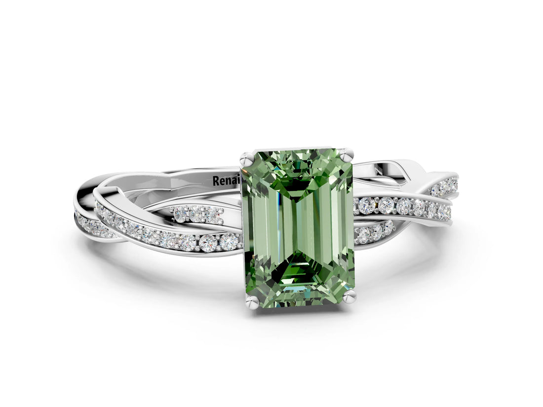 Silver Fancy Green Emerald  Solitaire Twisted Pave Diamond Ring with Four-Prong Setting_18