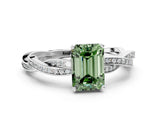 Silver Fancy Green Emerald  Solitaire Twisted Pave Diamond Ring with Four-Prong Setting_18