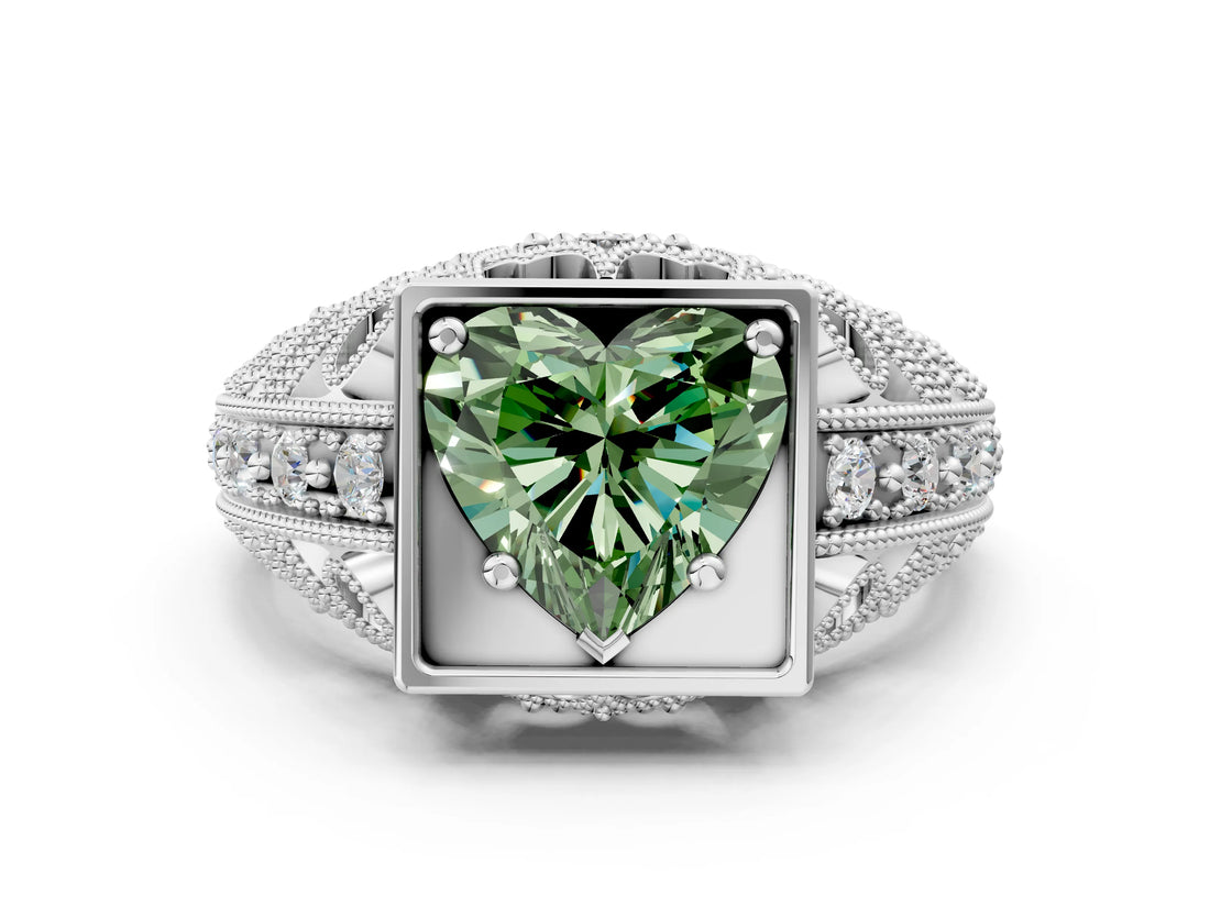 Silver Fancy Green Heart Cut Brilliant Milgrain Filigree Diamond Ring with Square Prong Setting_6