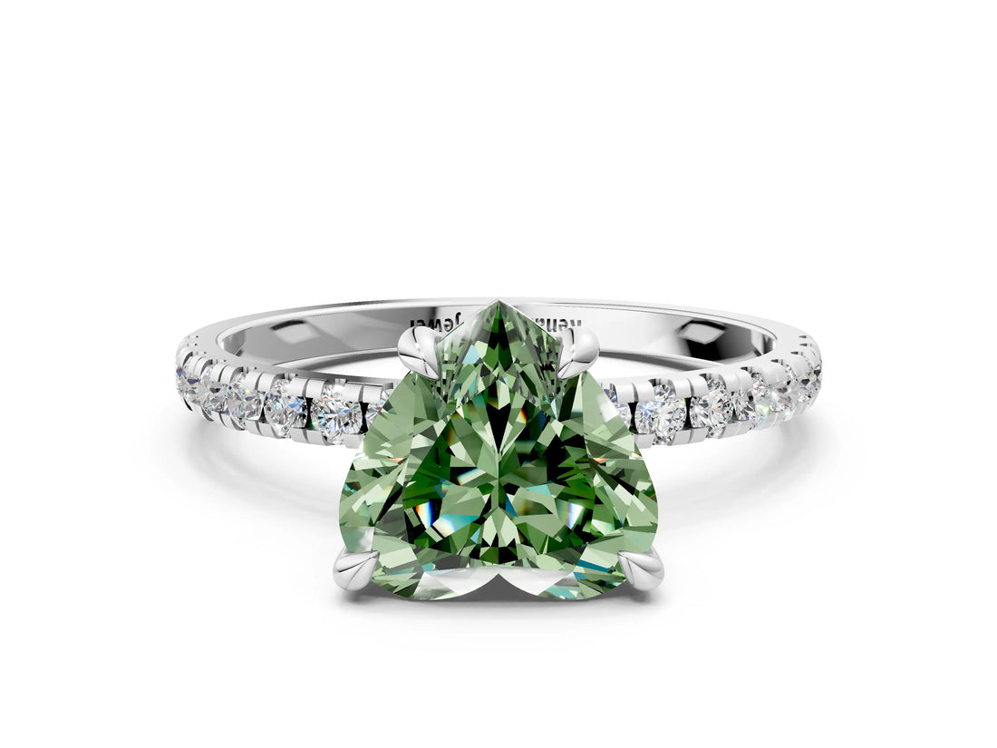 Silver Fancy Green Heart Cut Diamond Brilliant Solitaire Ring with Pavé Band and Four-Prong Setting_42