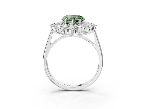 Sterling Silver Heart-Shaped Floral Double Halo Engagement Ring Setting for Fancy Green Center