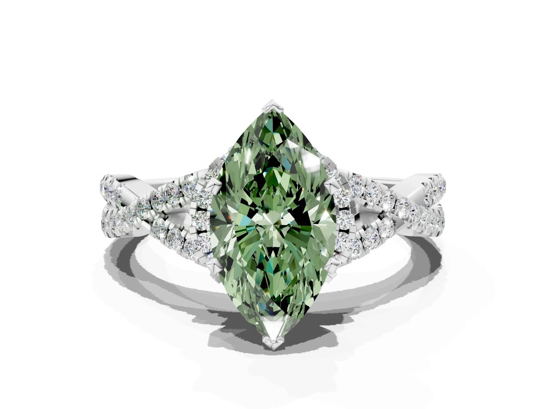 Silver Fancy Green Heart Cut Diamond  Halo Twist Band Solitaire Prong Setting Ring_12