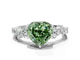 Silver Fancy Green Heart Cut Diamond Scattered Round Accent Ring with Prong Setting