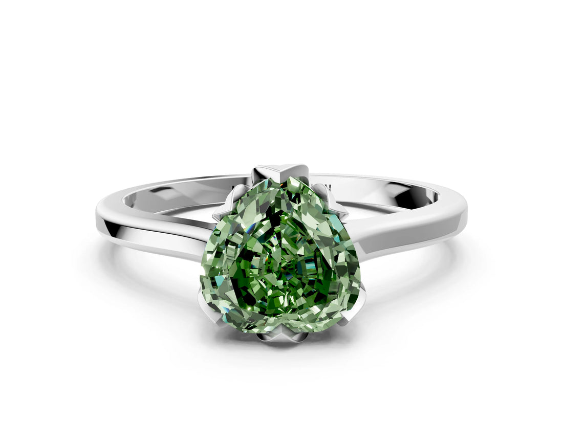 Silver Fancy Green Heart Cut Diamond Solitaire Ring with Flower Prong Setting and Classic Band_12