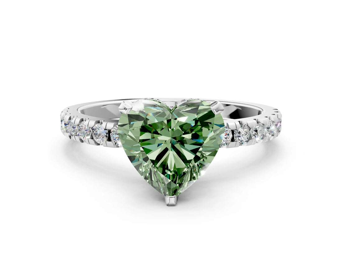 Silver Fancy Green Heart Cut Diamond Solitaire Ring with Round  Pavé Band and Four-Prong Setting_36