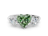 Silver Fancy Green Heart Cut Diamond Three-Stone Ring with Prong Setting and Pavé Band_6