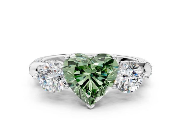 Sterling Silver Heart-Shaped Curved Pave Three Stone Engagement Ring Setting for Fancy Green Center