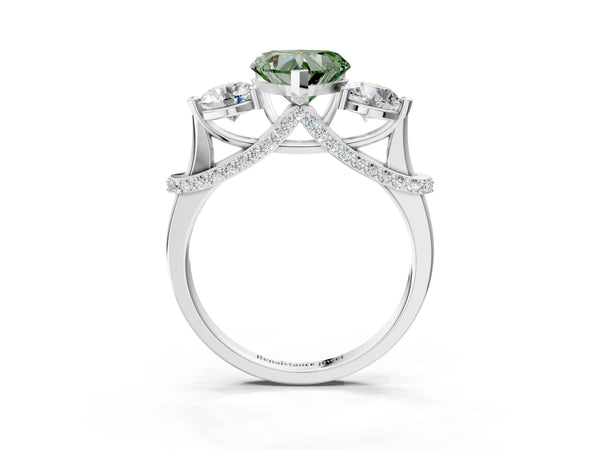 Sterling Silver Heart-Shaped Curved Pave Three Stone Engagement Ring Setting for Fancy Green Center