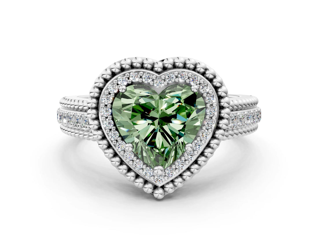 Silver Fancy Green Heart Cut Halo Diamond Ring with Beaded Split Shank and Four-Prong Setting_6