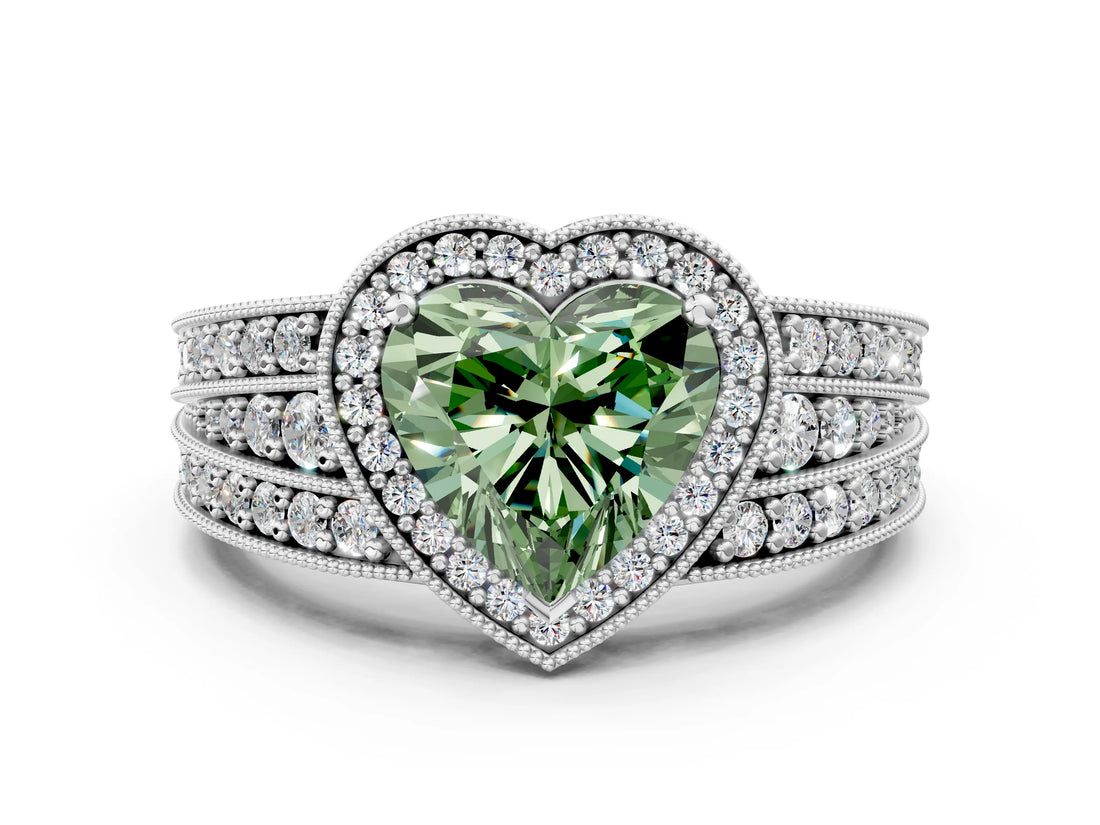 Silver Fancy Green Heart Cut Halo Diamond Split Shank Ring with Prong Setting_30