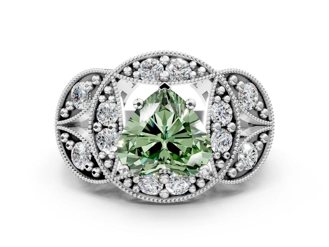 Silver Fancy Green Heart Cut Halo Milgrain Diamond Engagement Ring with Leaf Band and Four-Prong Setting_6