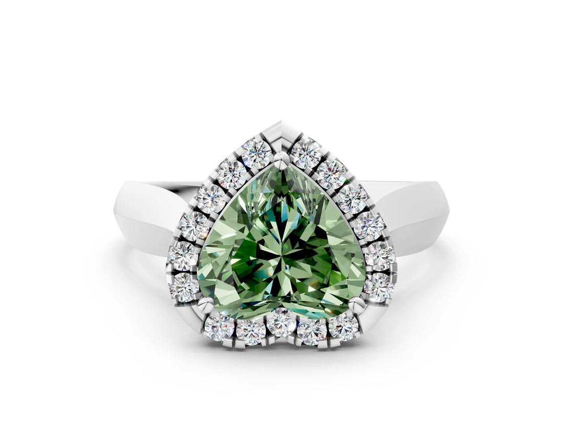 Silver Fancy Green Heart  Cut Halo Solitaire Engagement Ring with Square Band and Four-Prong Setting_24