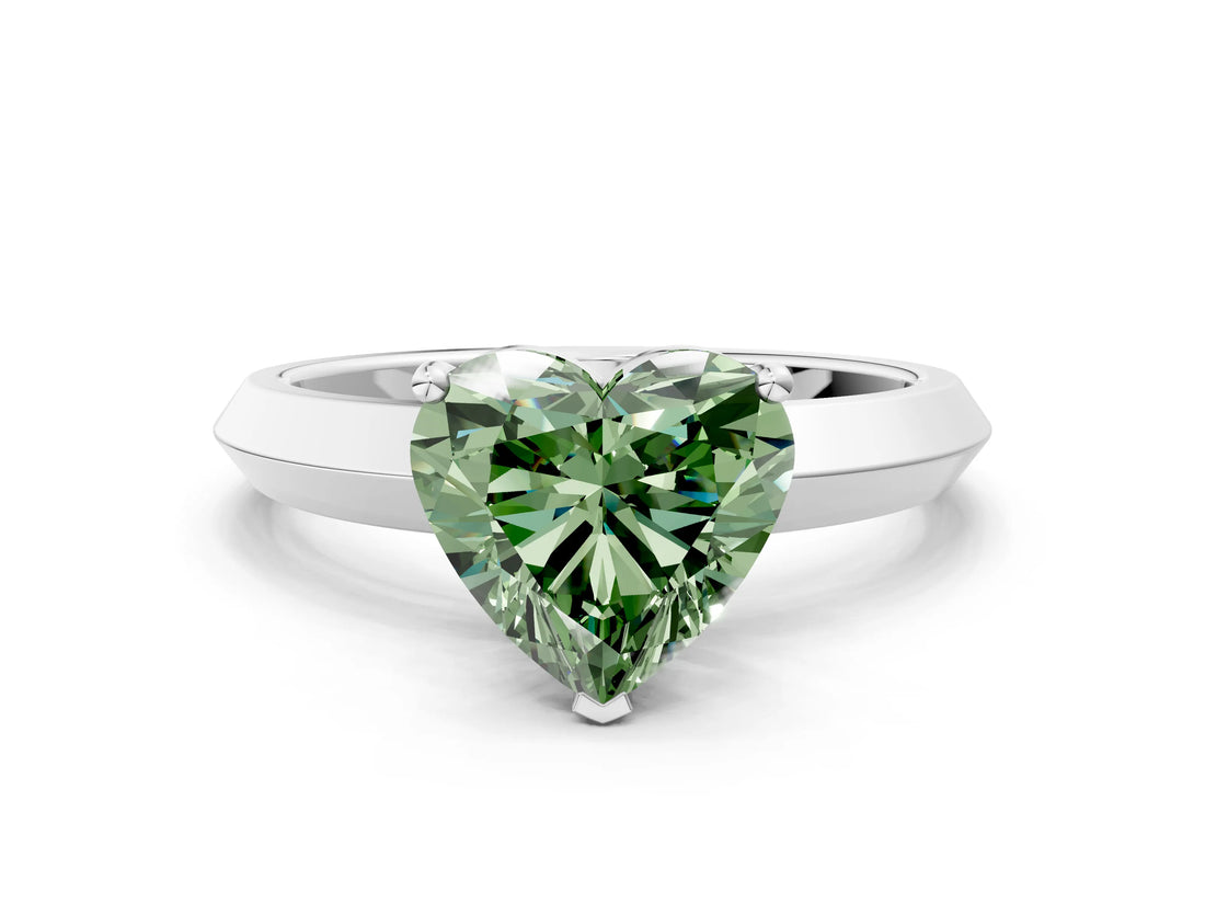 Silver Fancy Green Heart  Cut Solitaire Engagement Ring with Flat Band and Four-Prong Setting