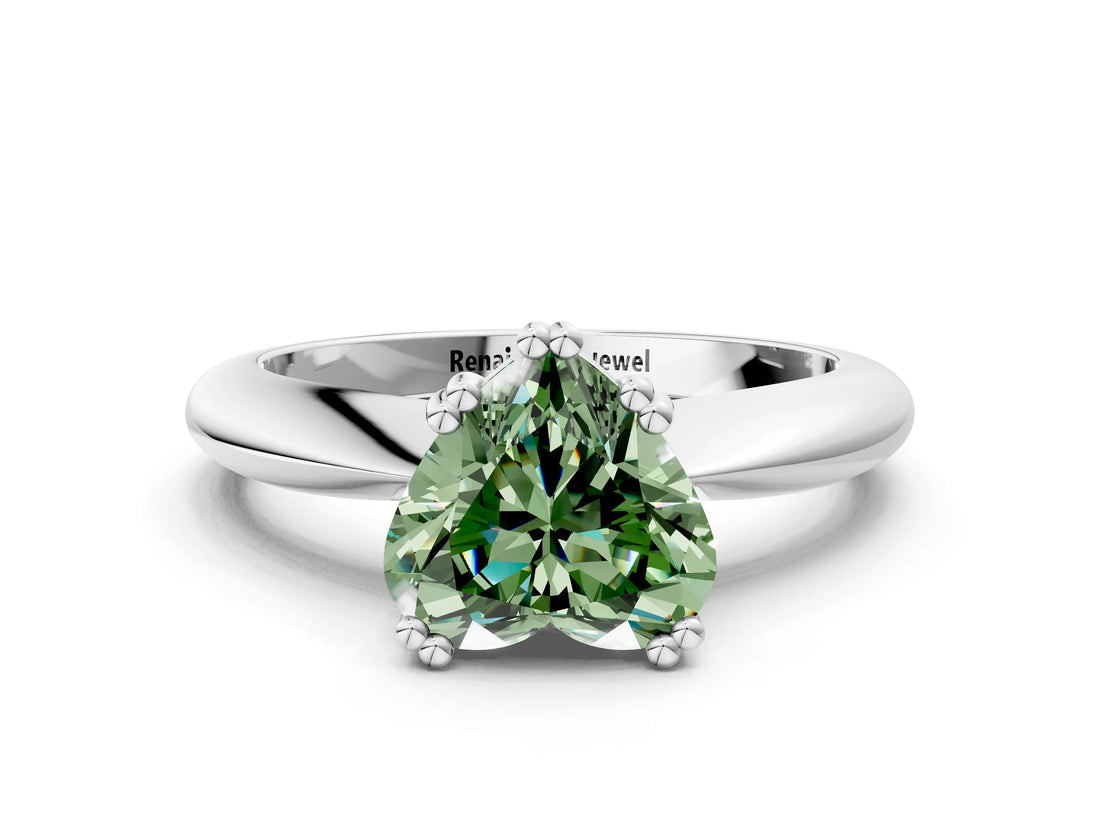 Silver Fancy Green Heart  Cut Solitaire Engagement Ring with Tapered Band and Four-Prong Setting