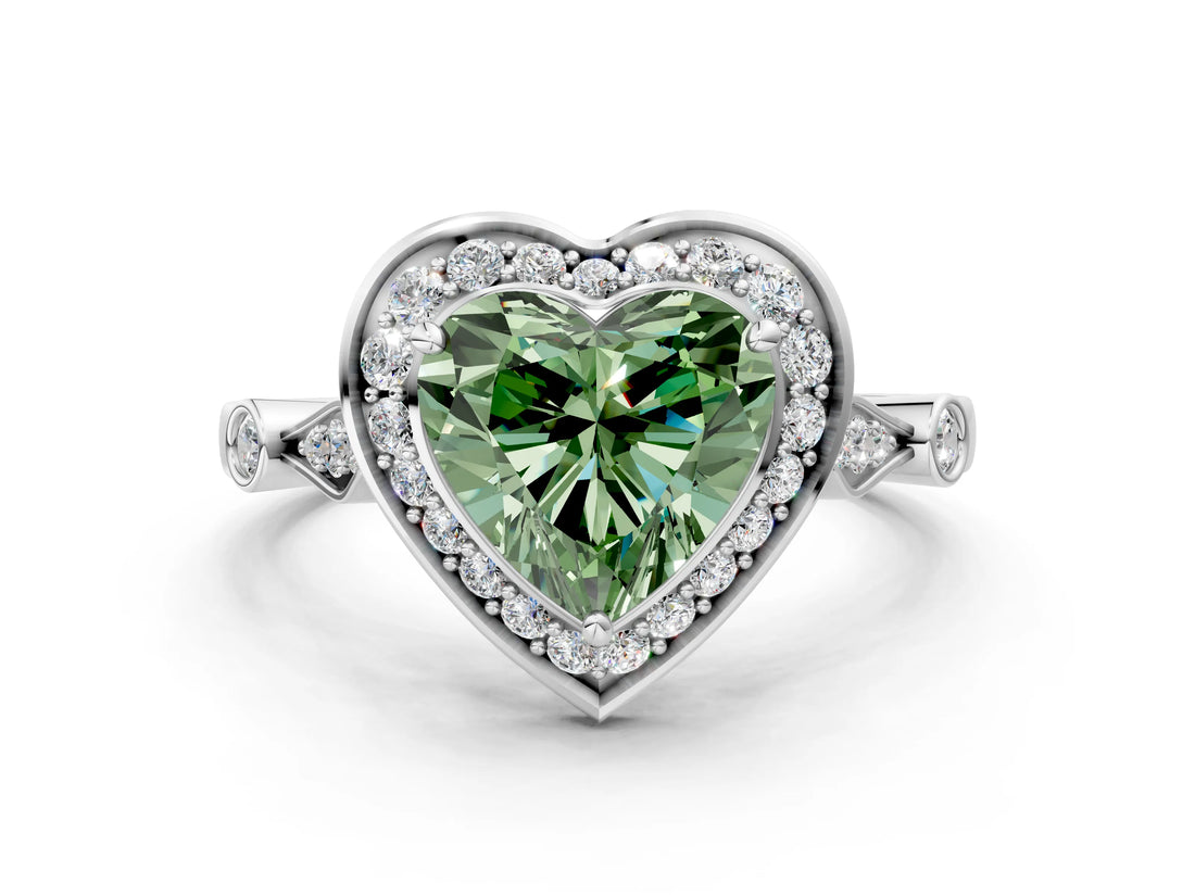 Silver Fancy Green Heart  Halo Diamond Engagement Ring with Twisted Band and Four-Prong Setting 1