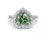 Silver Fancy Green Heart  Halo Milgrain Pave Diamond Ring with Four-Prong Setting 1