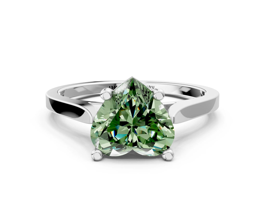 Silver Fancy Green Heart  Solitaire Diamond Ring with Four-Prong Setting and Tapered Band 1