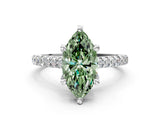 Silver Fancy Green Marquise  Brilliant Diamond Solitaire with Pavé Band and Four-Prong Setting 1