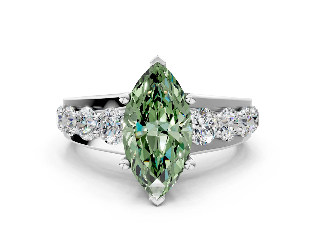 Silver Fancy Green Marquise  Brilliant Solitaire with Side Stones on a Pave Band and Four-Prong Setting_12