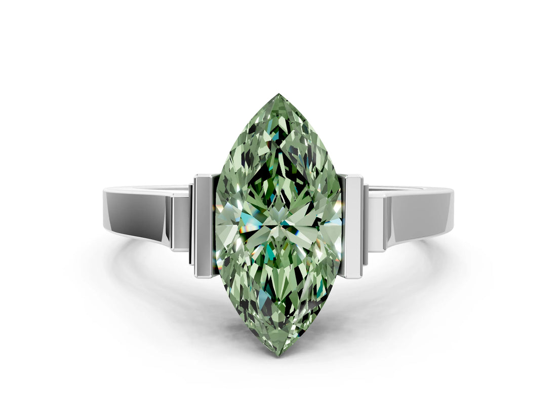 Silver Fancy Green Marquise Cut Brilliant Solitaire Diamond Ring with Channel Set Band and Bar Prong Setting_54